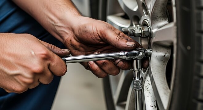 Close-up of a mechanic's dirty hands using a ratchet wrench to work on a car wheel, tightening or loosening lug nuts during vehicle maintenance.