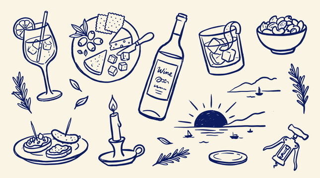 Drawn illustration of a summer party spread with drinks cheese snacks and a sunset scene
