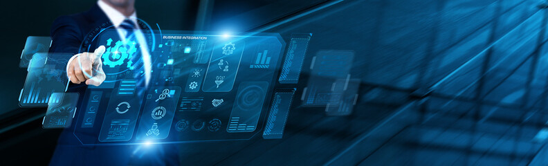 Systems Architect uses modern digital dashboard for Business Integration data analysis, streamlining cross-departmental workflows, unifying data silos, and improving operational synergy. © AD