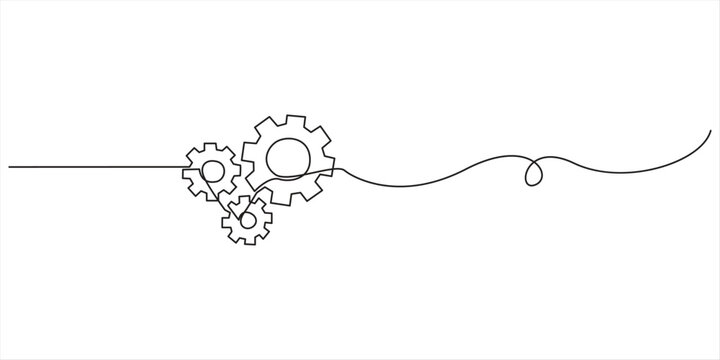 Simple continuous one line drawing of three interlocking gears or cogs. Minimalist technology, process, and engineering vector illustration. Continuous one line gear art icon cog work business factory