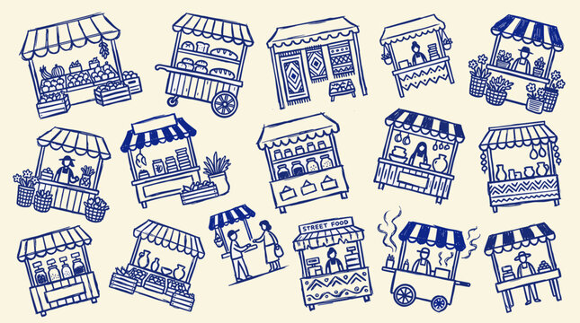 Collection of hand drawn street food stalls and market stands offering various goods and services in a charming doodle style