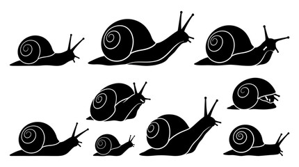 Multiple snail silhouettes in side view, solid black shapes. © Dini