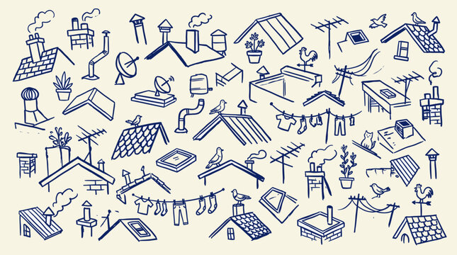 Whimsical rooftop sketch collection featuring chimneys, satellite dishes, clotheslines, and birds on a cream background