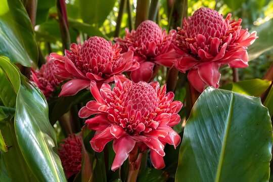 vibrant red torch ginger flowers blooming in tropical garden with lush green leaves and soft natural lighting