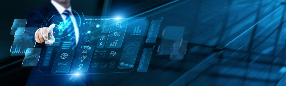 R&D Director uses modern digital dashboard for Innovation Technology data analysis, tracking emerging tech trends, monitoring product prototype testing