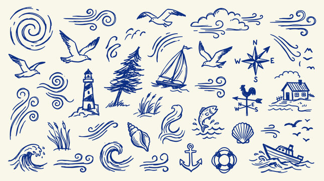 Nautical theme hand-drawn sketch elements, including sailing boat, lighthouse, seagulls, waves, anchor, compass, and seaside house for travel and adventure design