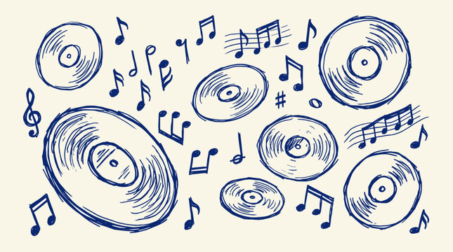 Hand drawn sketch of vintage vinyl records and musical notes on a beige background, representing music and nostalgia