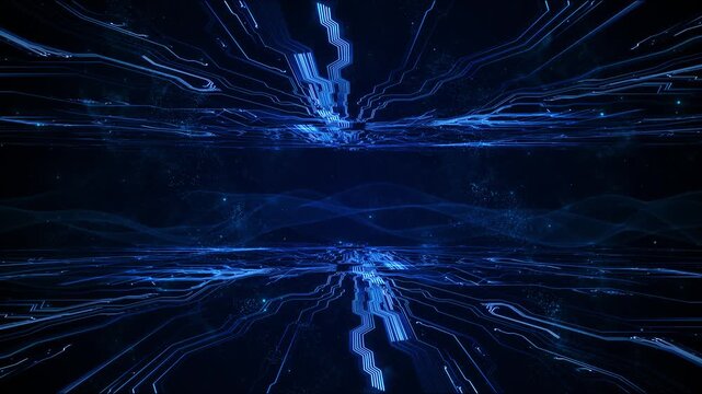 Blue circuit tunnel perspective with glowing board traces, dark horizon, particle waves, and futuristic data depth. Perfect for cyber videos, tech intros, chip visuals, and digital transitions.