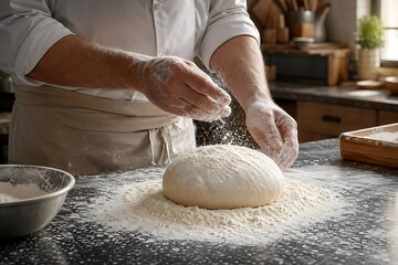 Obraz premium Hands sifting flour while baking fresh bread in cozy home kitchen with natural light