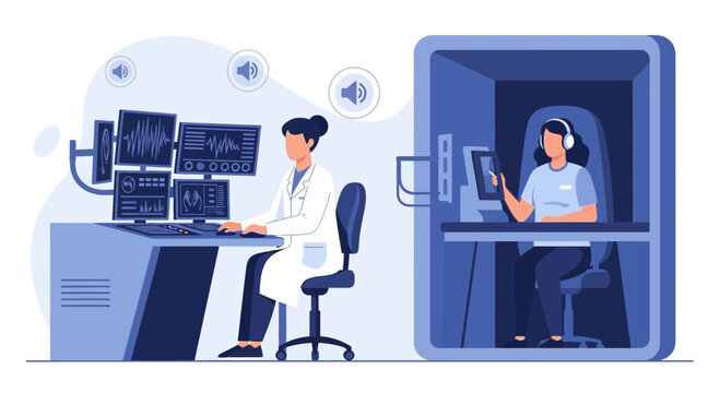 Audiologist conducting hearing test in soundproof booth with patient and computer equipment
