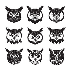 Fototapeta premium set of 9 geometric owl vector icons in bold black silhouette for modern logo design