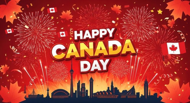 Happy canada day vibrant fireworks and city skyline celebrating canadian national day