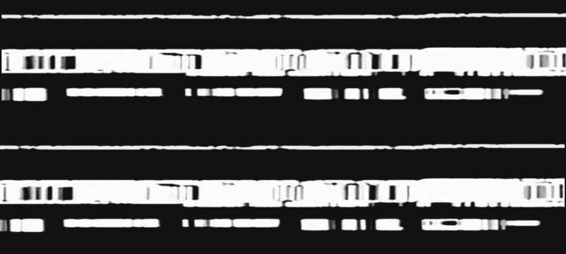 Repeated horizontal scanlines with rhythmic white digital glitch texture noise bands across glitch black background creating vhs tracking error simulation and retro television signal interference