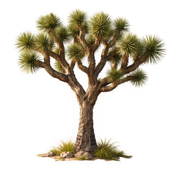 Branching desert joshua tree with small bushes and stones at the base isolated on transparent background