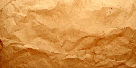 Fototapeta premium A blank wrinkled sheet of old crumpled brown paper texture featuring a rough aged parchment surface with a vintage grunge pattern and creased antique material for a retro design backdrop