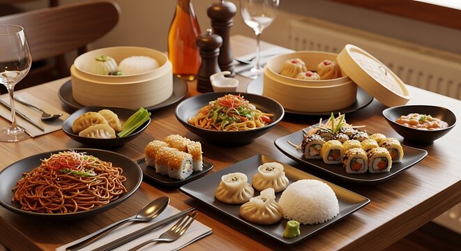 Variety of Asian food on table.