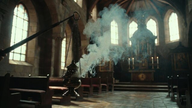 Moving censer producing smoke in historic church interior