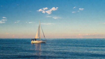Fototapeta premium Sailboat anchored quietly on serene sea near horizon