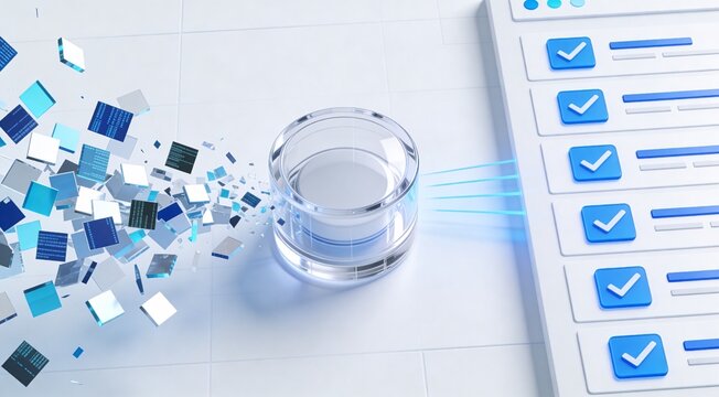 Commercial workflow automation background featuring a glass logic cube that refines raw financial inputs into aligned analytics panels, built for enterprise software, operations reporting and product 