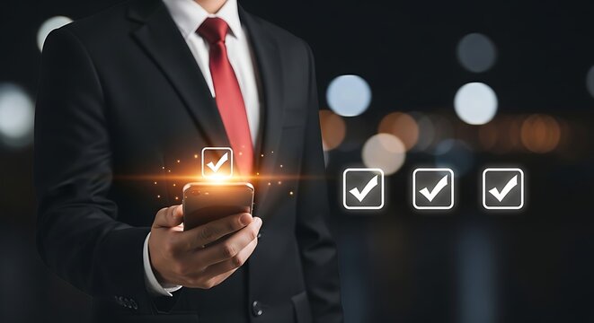 Businessman in suit holding smartphone with glowing checkmark night background