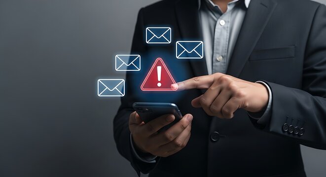 Businessman in suit holding smartphone with warning sign and email alert