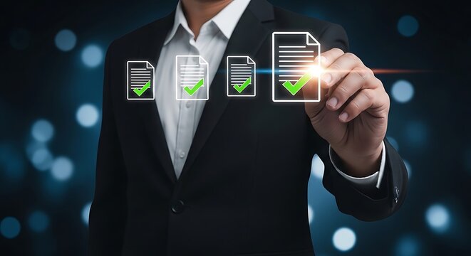Businessman in suit interacting with digital document green checkmarks, and a futuristic interface digital documents