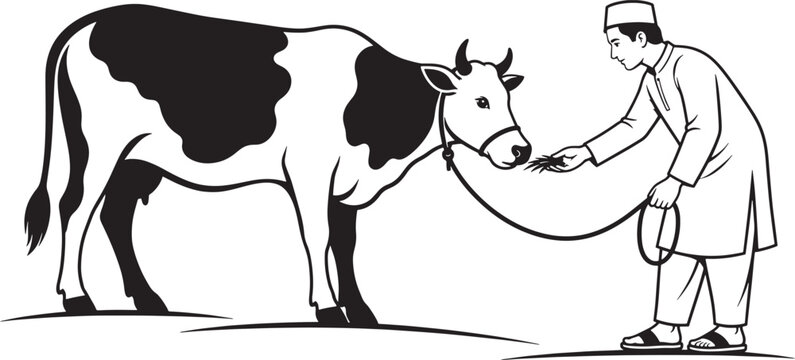 Cow and farmer feeding hay black and white line drawing illustration