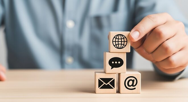 Person stacking wooden blocks with internet and communication symbols internet symbols communication globe