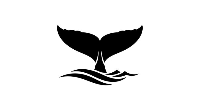 Black whale tail fin diving into ocean waves, marine life, sea creature, underwater silhouette