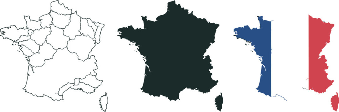 France's geographical representation outlined solid and flag variations displayed side by side for comparative analysis