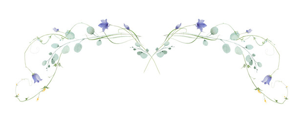 Watercolor floral symmetrical semicircular border frame. Blue bells, yellow flowers. Green, turquoise eucalyptus branches, leaves. Hand drawn style illustration. Artistic template design. © satika