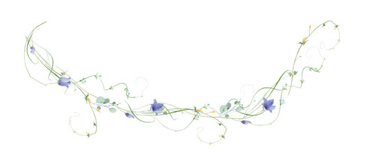 Watercolor floral semicircular border frame. Blue bells, yellow flowers. Green, turquoise eucalyptus branches, leaves. Hand drawn style illustration. Artistic template design. © satika