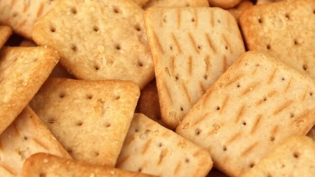 Golden square salted crackers in top-down view with crispy surface texture and coarse salt grains under even lighting