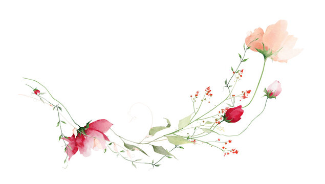 Watercolor floral curved bouquet border frame. Dusty pink, blush poppy flowers, red roses, olive green branches, leaves. Hand drawn style illustration. Artistic template design.
