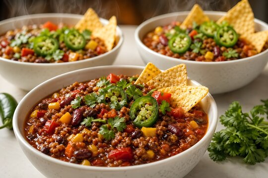 colorful mexican taco bowls with fresh toppings and tortilla chips on wooden table