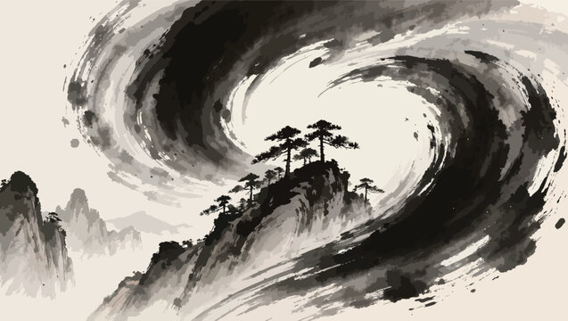 Ink wash mountains with a swirling dark vortex of ink and mist above a cluster of pine trees on a peak.