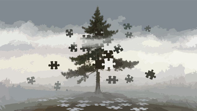 Pine tree with puzzle pieces floating and scattered around it in a foggy landscape.