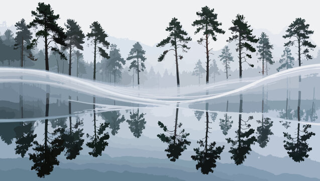 Reflections of pine trees in a calm icy lake with a misty forest and mountains in the background.