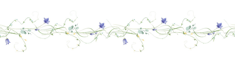 Watercolor floral seamless border stripe. Blue bells, yellow flowers. Green, turquoise eucalyptus branches, leaves, twigs. Hand drawn style illustration. Artistic template design. © satika