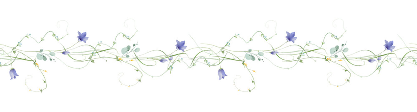 Watercolor floral seamless border stripe. Blue bells, yellow flowers. Green, turquoise eucalyptus branches, leaves, twigs. Hand drawn style illustration. Artistic template design.