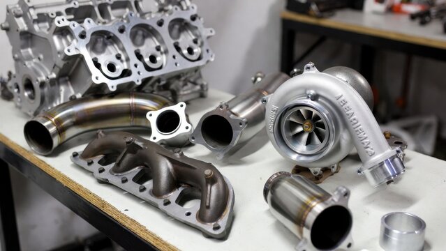 Turbocharger manifold and piping laid out on shop table