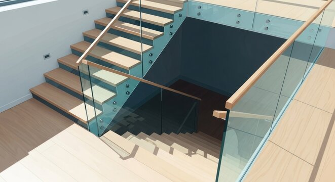 Wooden staircase with glass railings leading down, light wood floor above