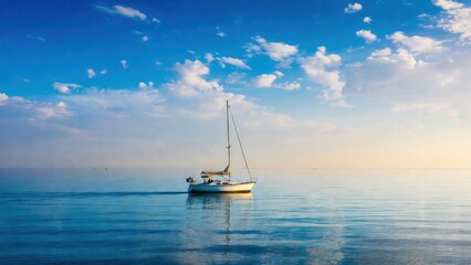 Fototapeta premium Sailboat drifting calmly on glassy sea at sunrise horizon