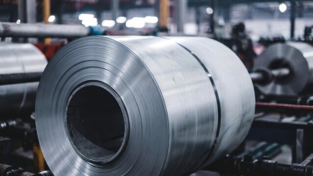 Large steel coil resting on rollers in industrial plant workshop