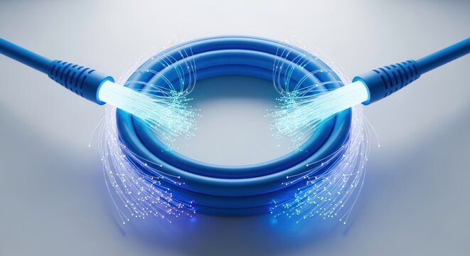 Blue cable loop with glowing ends emitting light streaks on gray background