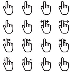 Obraz premium Set of black hand cursor gesture icons for touch screen interface navigation including tapping swiping zooming and scrolling actions for mobile devices and web design elements in a simple style