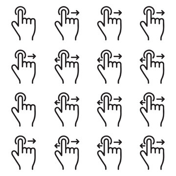 Set of hand gesture icons showing various touch screen swipe and tap movements for mobile devices and user interface design navigation elements in a simple black outline style for modern digital apps