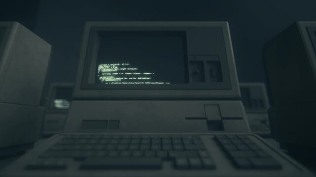 Retro Computer Terminal With Glowing Code in Dark Cinematic Room