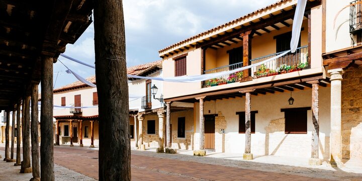 Street with arcades. Castilian architecture. Ampudia, Palencia, Castilla y Le&oacute;n, Spain, Europe