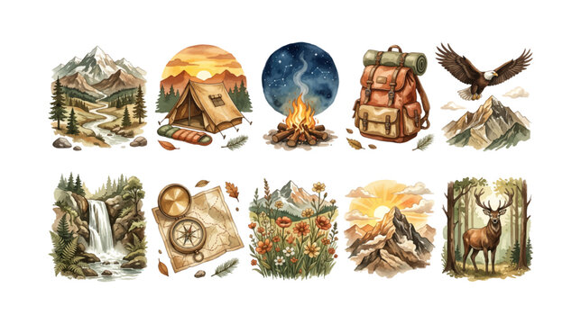 Watercolor Earthy Tone Mountain and Adventure Clipart Set &ndash; Mountain Range Camping Tent Campfire Night Sky Hiking Backpack Bald Eagle Waterfall Compass Map Alpine Wildflower Sunrise Peak Forest Deer 